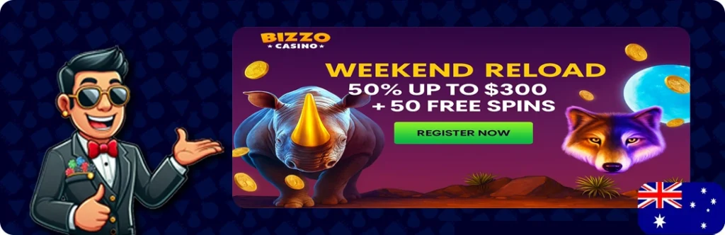 Bizzo Casino — Weekend Reload: 50% Up to $300 + 50 Free Spins
