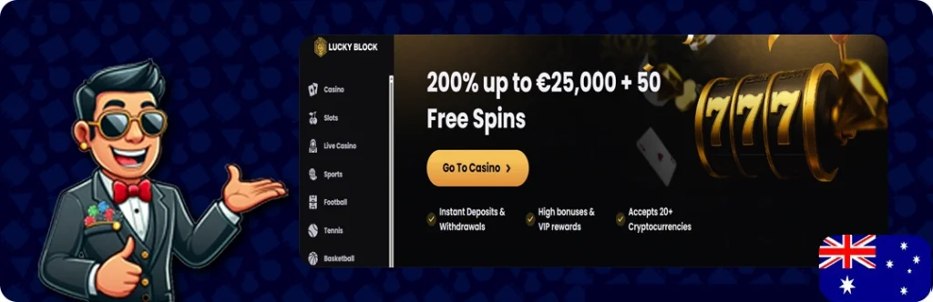 LuckyBlock Casino — 200% bonus up to AU$10,000 + 50 free spins
