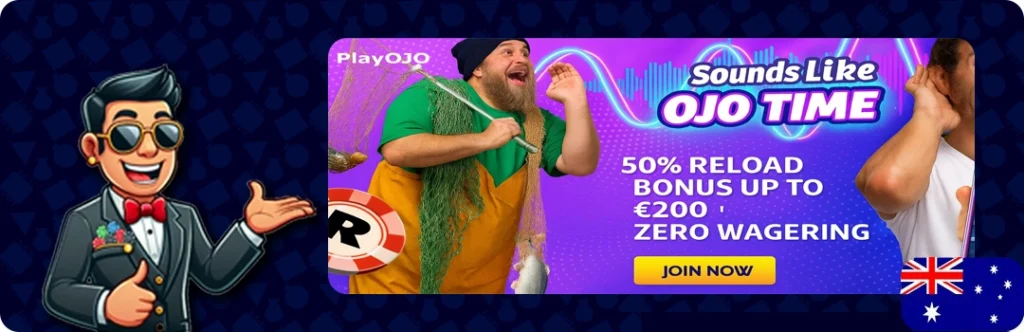 PlayOJO Casino — 50% Reload Bonus Up to $200 + Zero Wagering
