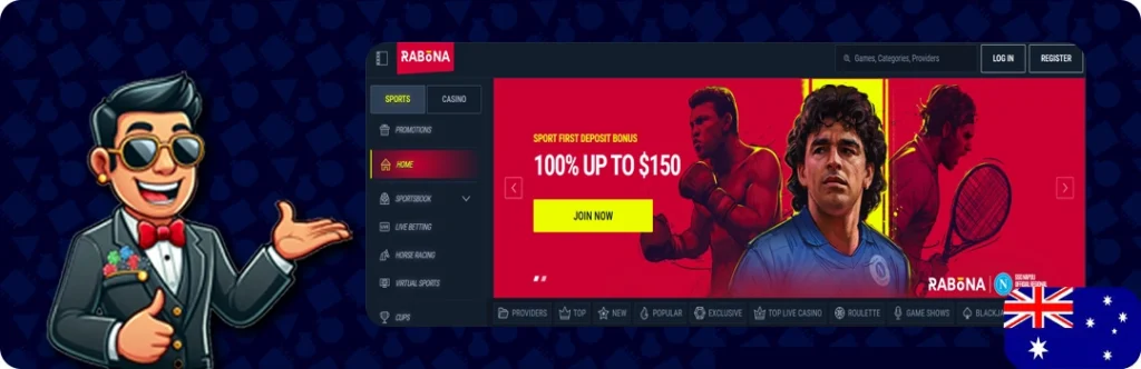 Rabona — 100% up to AU$750 + 200 Free Spins