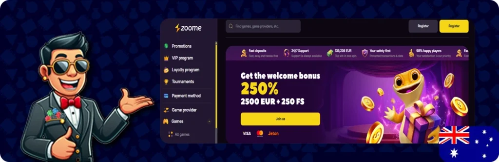 Zoome Casino — 100% up to AU$750 + 250 Free Spins