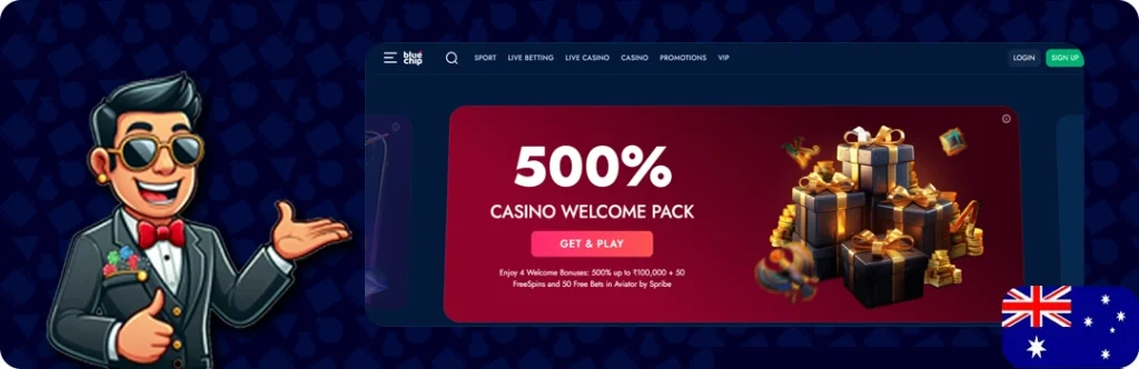 BlueChip Casino — 500% up to 100,000 + 50 Free spins