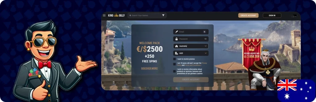 King Billy — AU$2,500 + 250 Free Spins
