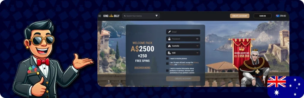 King Billy — Welcome pack A$2500 + 250 Free Spins