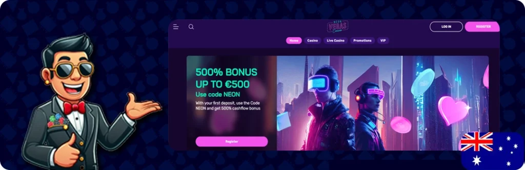 Neon Vegas — 500% Bonus up to AU$500 on First Deposit