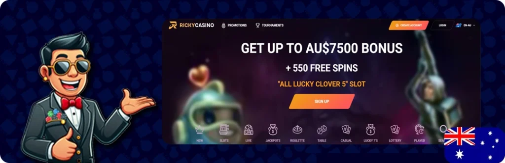 Ricky Casino — Up to AU$7500 Bonus + 550 Free Spins