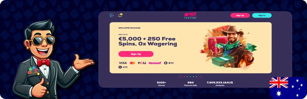 Wild Fortune — €5,000 + 250 Free Spins, 0x Wagering