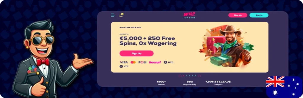 Wild Fortune — €5,000 + 250 Free Spins, 0x Wagering