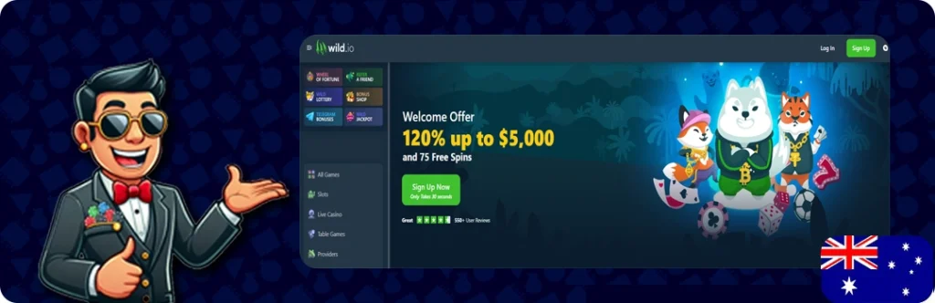 Wild.io Casino — 120% up to $5,000 + 75 free spins