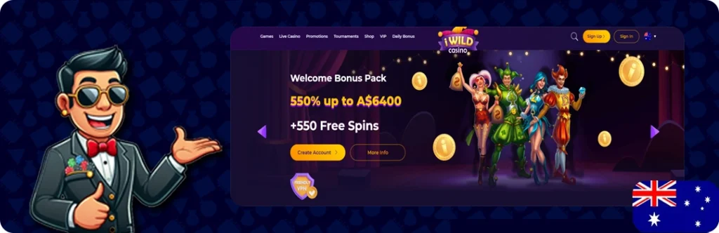 iWild Casino — 550% up to A$6400 + 550 free spins