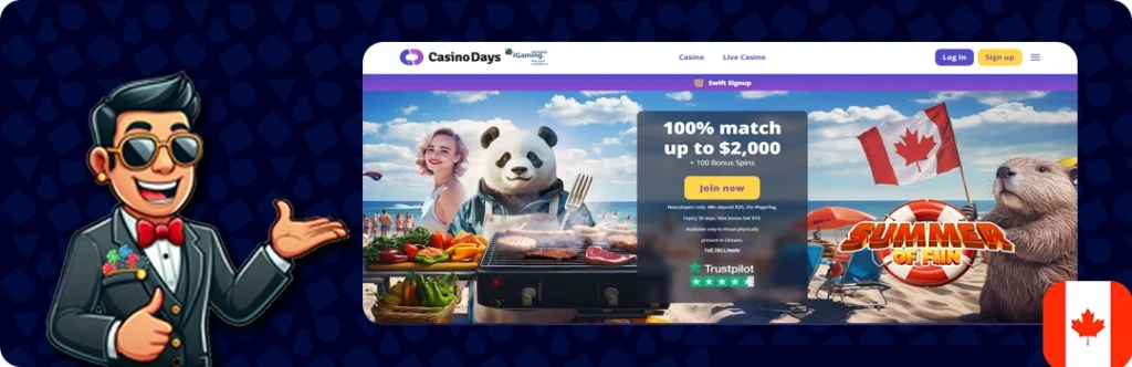 CasinoDays — 100% bonus up to $1,000 on $10+ deposits