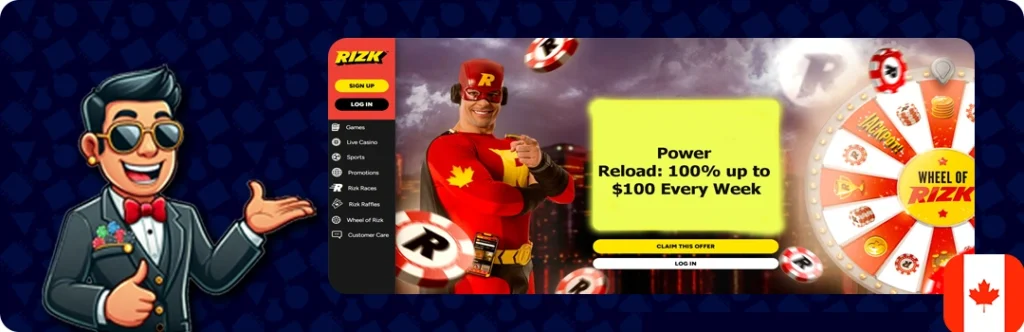 Rizk Casino — Power Reload: 100% up to $100 Every Week