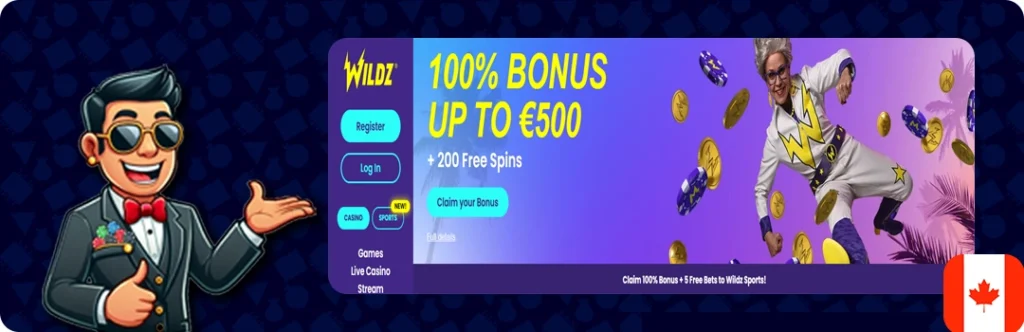 Wildz Casino — 100% up to C$500 + 200 Free Spins