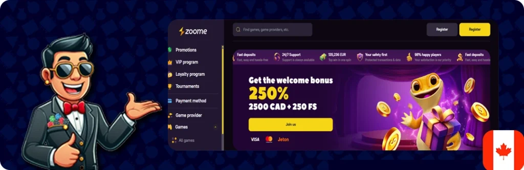 Zoome Casino — CA$1,500 across first 3 deposits + instant withdrawals