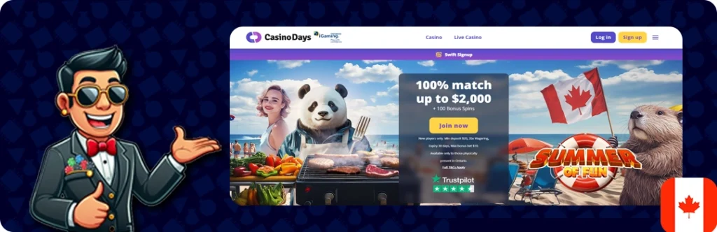 Casino Days — 100%match up to $2,000 +100 Bonus spins