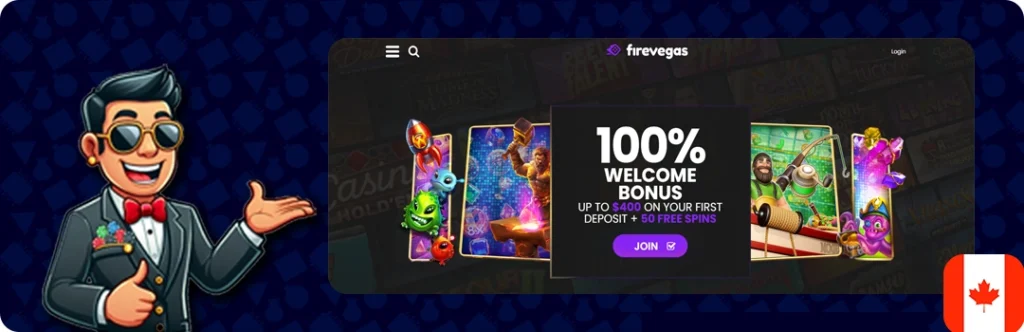 FireVegas — 100% welcome bonus up to $400 + 50 Free spins