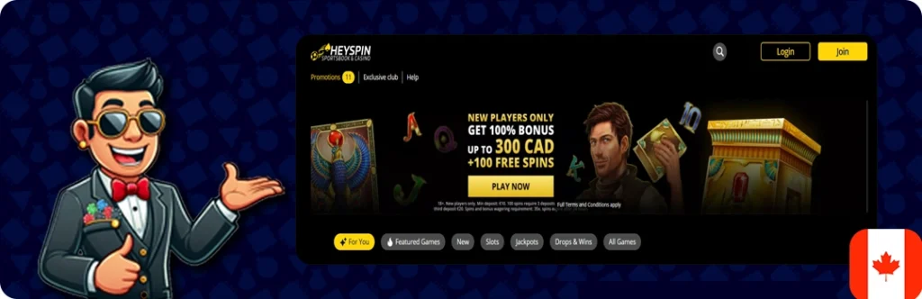 HeySpin Casino — Get 100% bonus up to 300 CAD + 100 free spins
