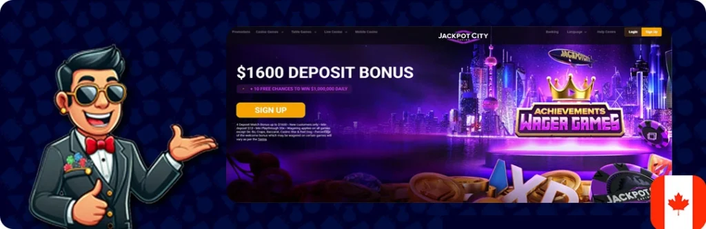 JackpotCity — $1600 Deposit Bonus + 10 Free Chances To Win 1,000.000 Daily
