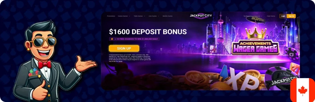 JackpotCity — $1600 Deposit Bonus + 10 Free Chances to win + 1,000,000 Daily