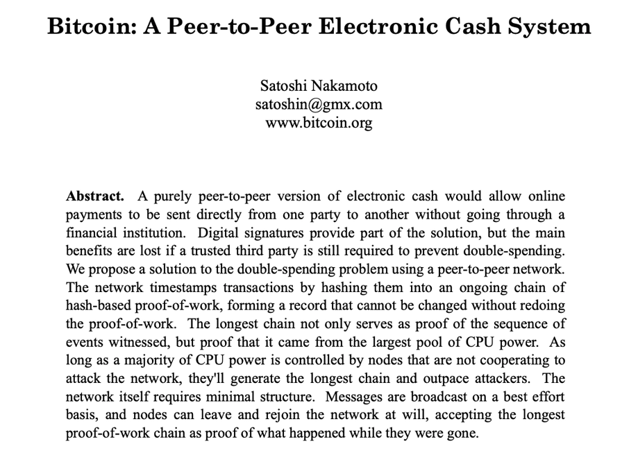 Bitcoin A Peer to Peer Electronic Cash System official first statement
