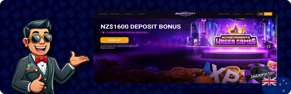 JackpotCity — NZ$1600 deposit bonus + 10 Free chances to win NZ$1,000,000 Daily