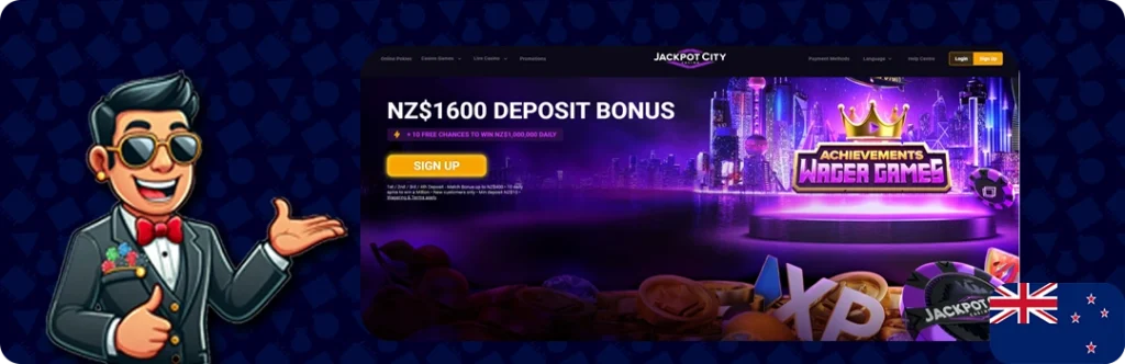 JackpotCity — NZ$1600 deposit bonus + 10 Free chances to win NZ$1,000,000 Daily