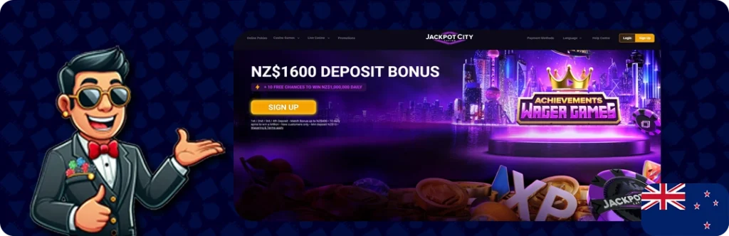 JackpotCity — NZ$1600 deposit bonus + 10 Free chances to win NZ$1,000,000 Daily