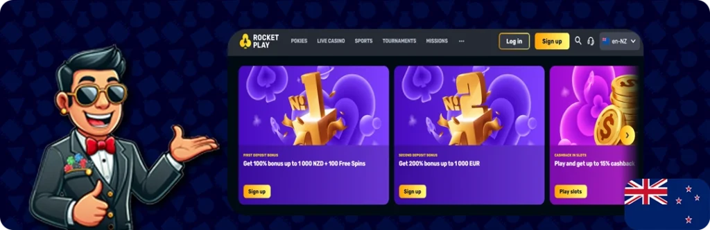 RocketPlay Casino — Deposit NZ$10 and grab a 300% bonus up to NZ$300