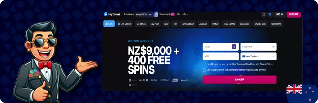 SkyCrown Casino — Welcome Pack up to NZ$9,000 + 400 Free Spins