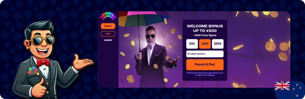 Wheelz Casino — Welcome bonus up to €500 +500 Free Spins