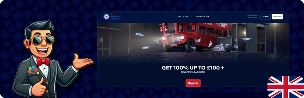 All British Casino — 100% Bonus up to £100 + 10% Cashback