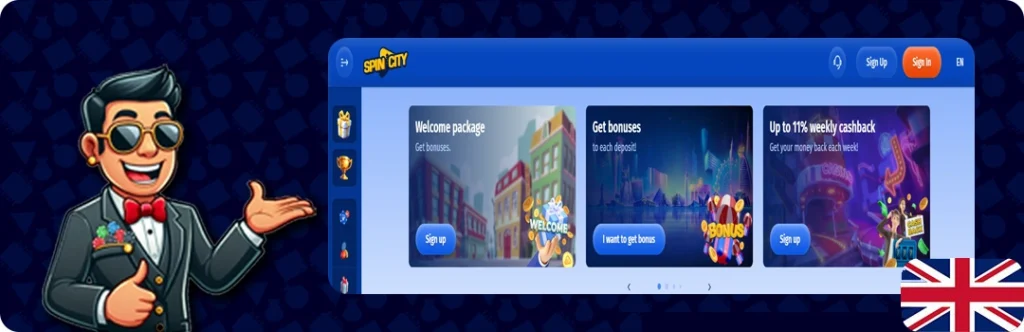 SpinCity — 100% up to £250 + 50 free spins