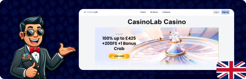 Casino Lab — 100% Up To £425 + 200 Free Spins + 1 Bonus Crab