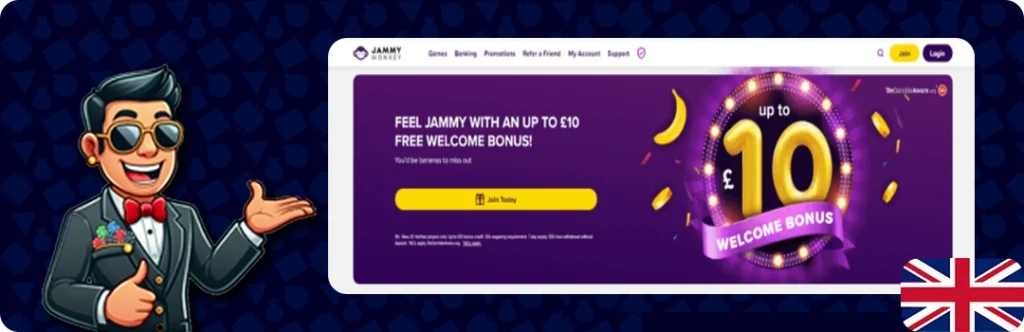 Jammy Monkey — Up to £10 Free welcome bonus