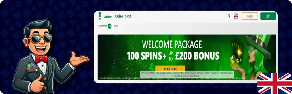 Luckster Casino — Welcome Package 100 spins + Up to £200 Bonus