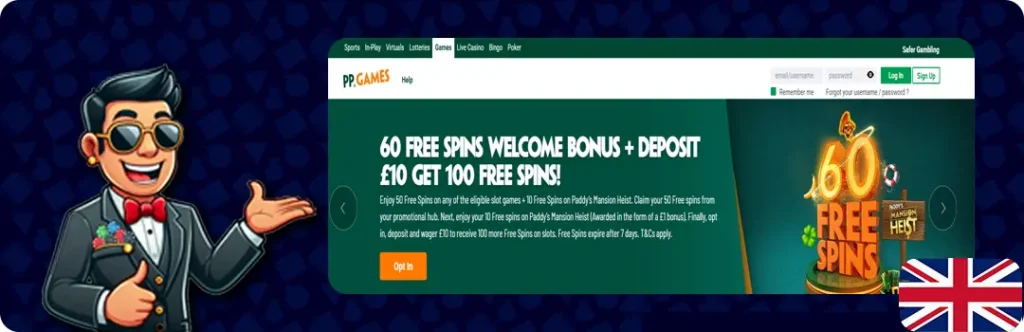 Paddy Power Games — 60 Free Spins Welcome Bonus + Deposit £10 Get 100 Free Spins