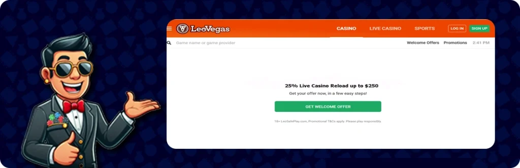LeoVegas — 25% Live Casino Reload up to $250