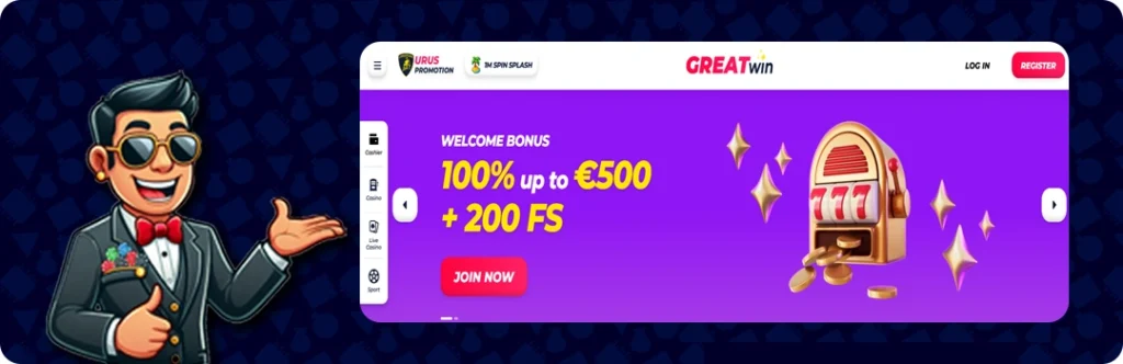 GreatWin Casino — Welcome Bonus 100% up to €500 + 200 Free Spins