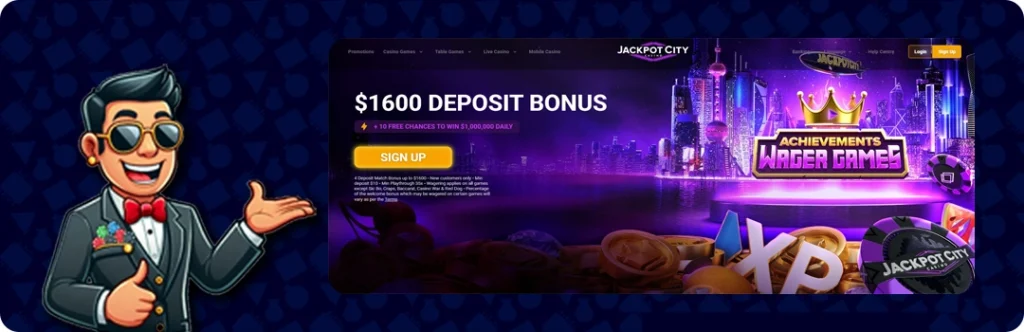 JackpotCity — $1,600 Deposit Bonus + 10 Free Chances to win $1,000.000 Daily