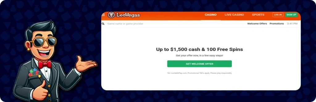 LeoVegas — Up to $1,500 cash + 100 Free Spins