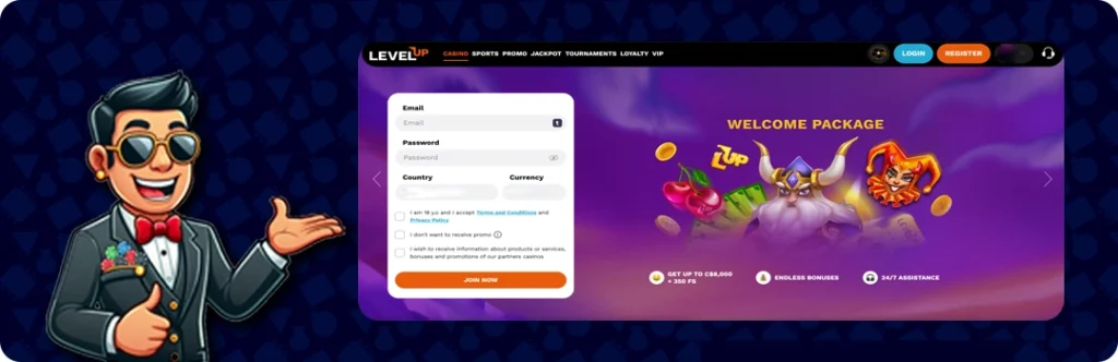 LevelUp Casino — Up to $8,000 + 350 spins
