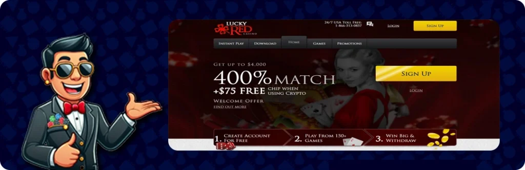 LuckyRed Casino — Up to $4,000, $400% Match + $75 Free Chip