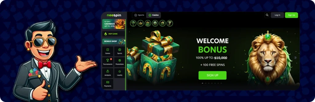 Neospin Casino — Welcome Bonus 100% up to $10,000 + 100 Free Spins