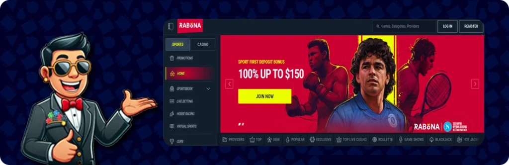 Rabona Casino — Deposit Bonus 100% up to $150
