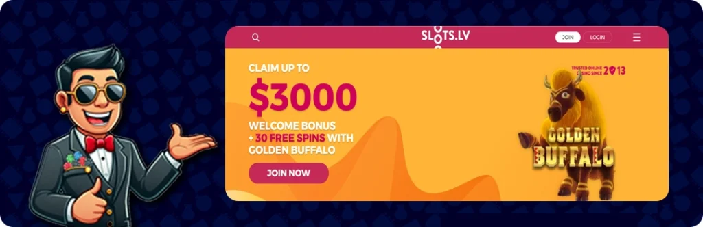 Slots.lv — Up to $3000 Welcome bonus + 30 Free Spins