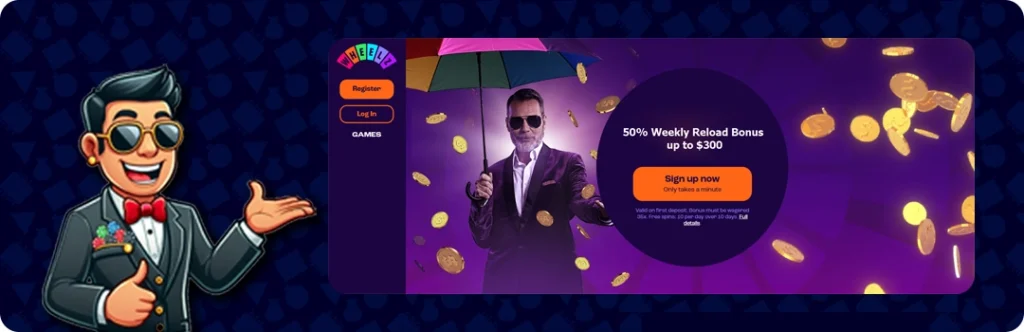 Wheelz Casino — 50% weekly reload bonus up to $300