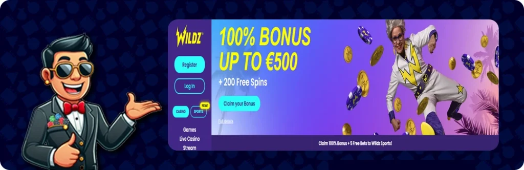 Wildz Casino — 100% up to €500 + 200 spins