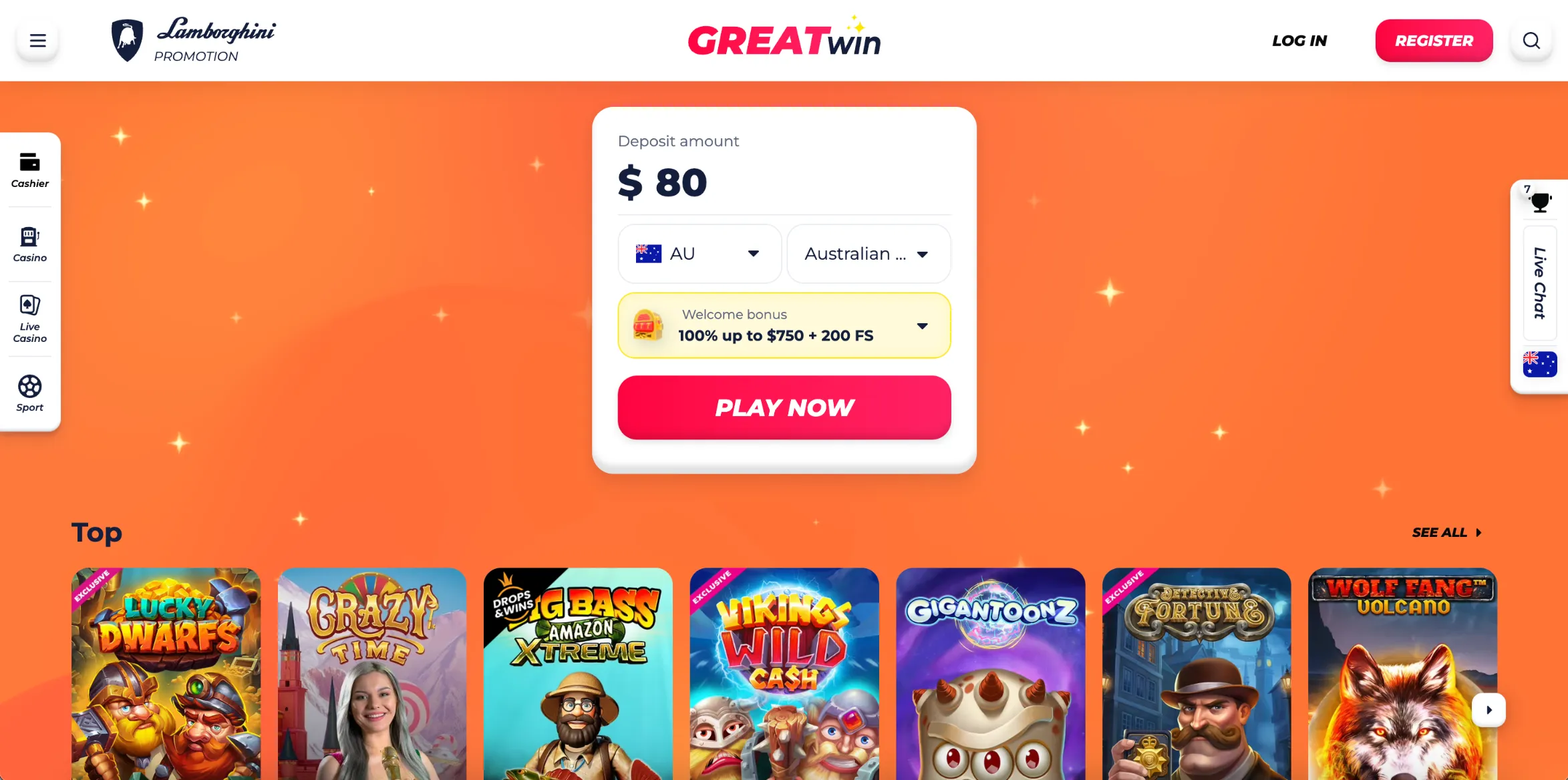 Screenshot of Greatwin Casino in Australia