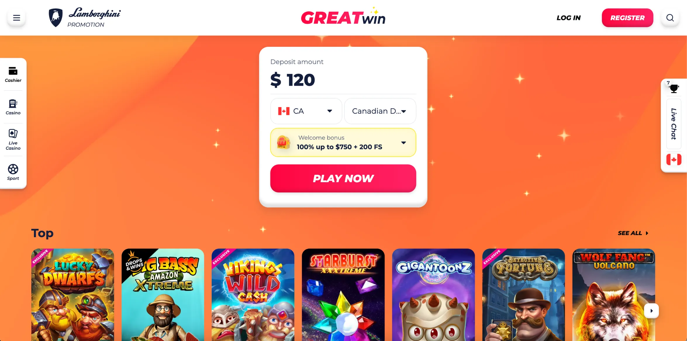 Screenshot of Greatwin Casino in Canada