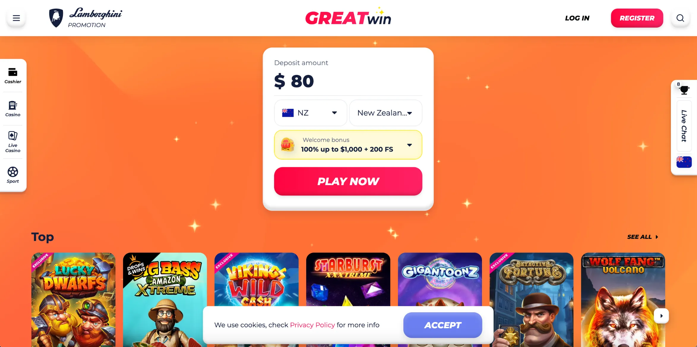 Screenshot of Greatwin Casino in New Zealand